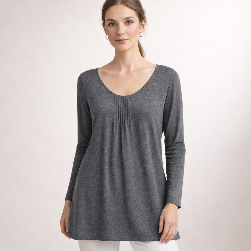 Eileen Fisher Pintuck Tunic Top Womens L Charcoal Stretch Scoop Neck Long Sleeve